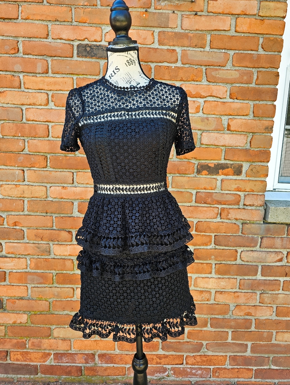 AQUA Lace Mini Dress Black High Neck Tiered Ruffle Crochet Cutout Party Dress S
